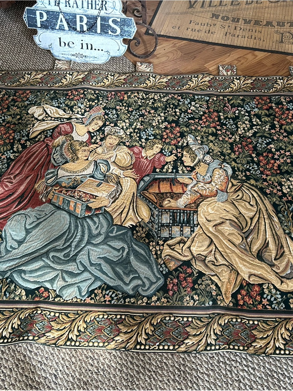 Classic Renaissance-Style Tapestry Wall Hanging in Green, Cream, and Gold FRENCH